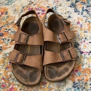 Birkenstock tan sandals leather with straps buckle